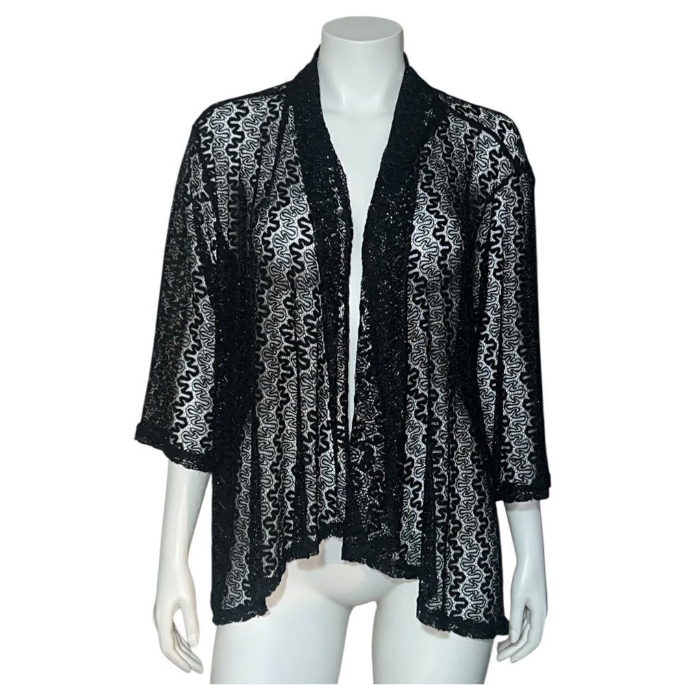 Bon Worth Women's Vintage Black Open Lace Cardigan Metallic Gold Large EUC
